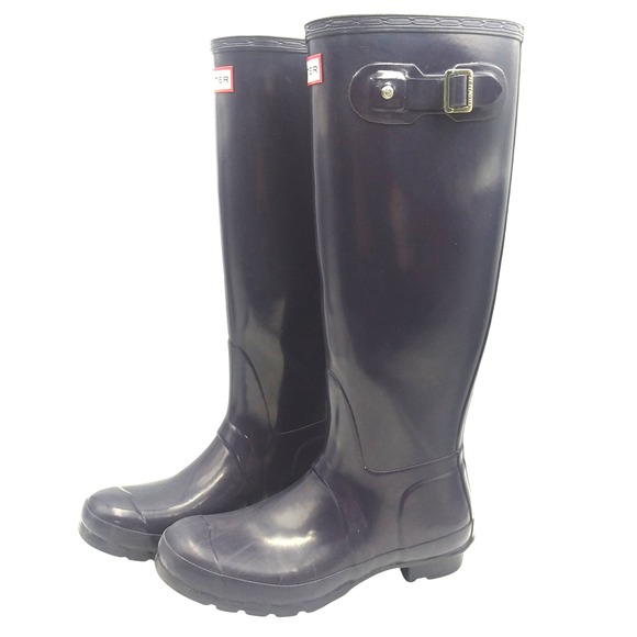 Hunter Original Tall Gloss Rain Boots Womens 8 Mens 7 Navy Blue Classic Rubber - Picture 1 of 12